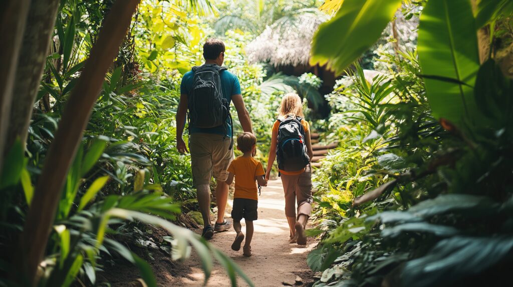 A family walking through a tropical rainforest destination, exploring nature.
