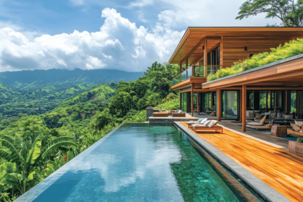 Luxurious sustainable home features an infinity pool overlooking a tropical rainforest and mountain range