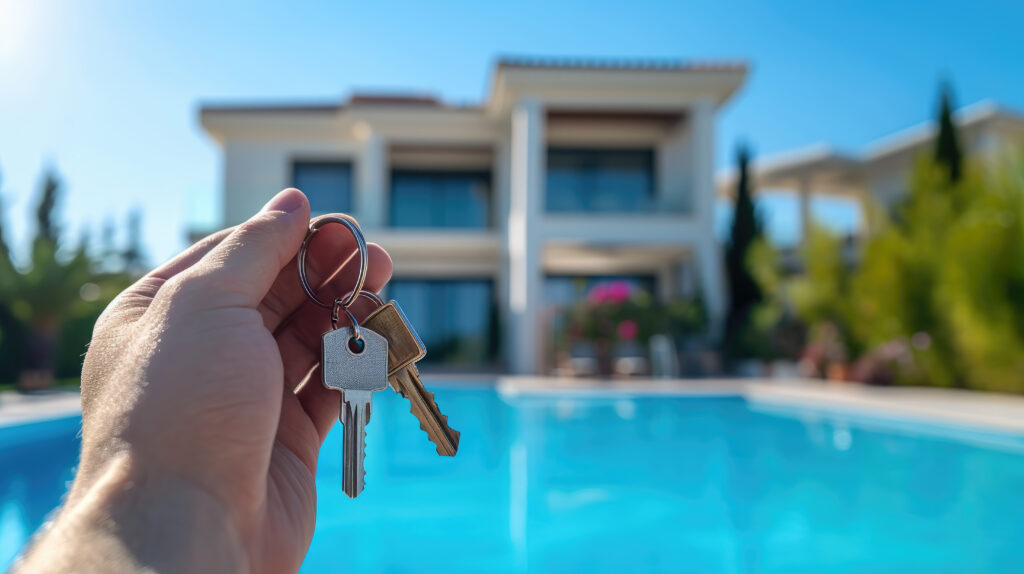 Real estate agent, home keys in a hand on background of villa or house with big pool surrounded by the sea and palm trees. Buy or rent a villa on ocean coast, removal to tropical country