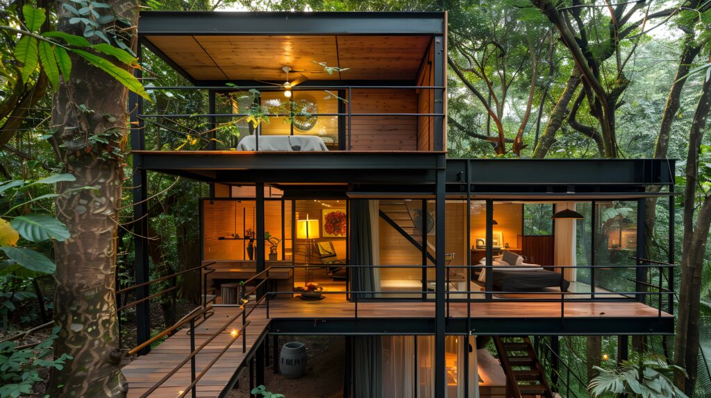 Modern luxury treehouse in lush jungle for sustainable travel and exclusive nature retreat architecture.