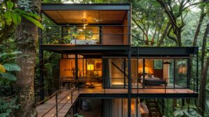 Modern luxury treehouse in lush jungle for sustainable travel and exclusive nature retreat architecture.