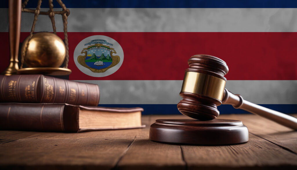 Justice gavel on Costa Rica flag. Law and justice in Costa Rica. Rights of citizens.